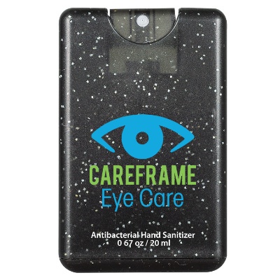 Plastic translucent black snazzy card citrus hand sanitizer spray with full color logo.