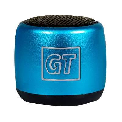Blue plastic speaker with a custom logo.