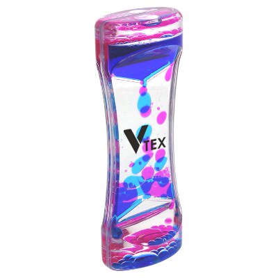 Plastic hourglass shaped gel motion desk accessory with custom imprint.