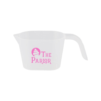 Plastic clear one cup measuring cup with custom imprint.