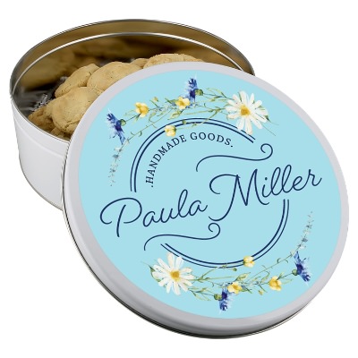 White candy tin with a personalized imprint.
