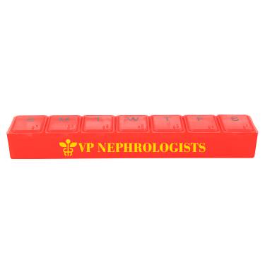 Plastic red pill box with a custom one-color imprint.
