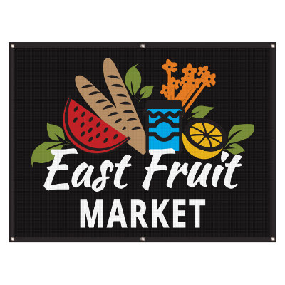 3 feet x 4 feet custom full-color printed 8 oz. mesh vinyl banner with grommets.