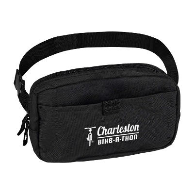 Black fanny pack with front pocket and personalized logo.