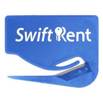 Translucent blue plastic letter opener with a personalized logo.