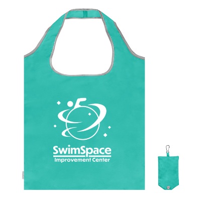 RPET teal folding tote bag with custom logo.