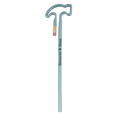 Teal hammer shaped pencil with custom imprint.