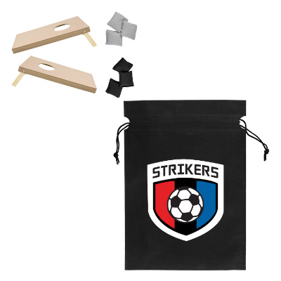 Black polypropylene outdoor game with a custom logo.