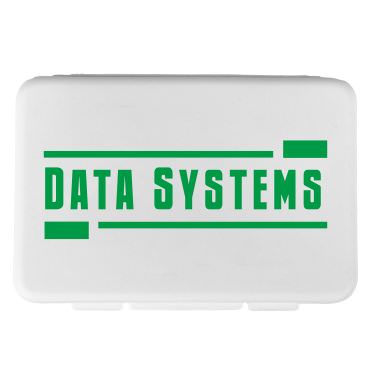 Plastic white pill box with a personalized logo.