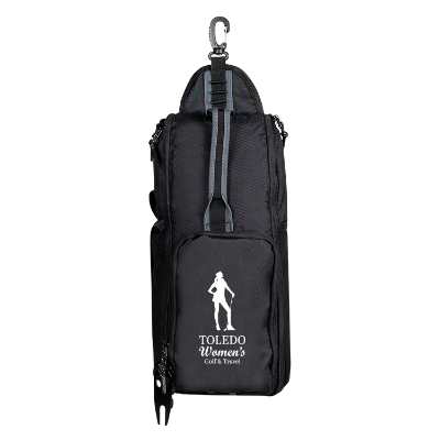 Black golf bag cooler with custom logo.