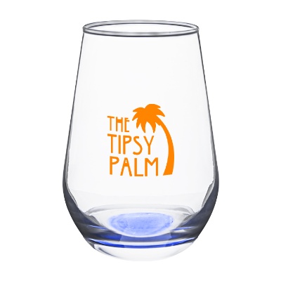 Blue wine glass with custom logo.