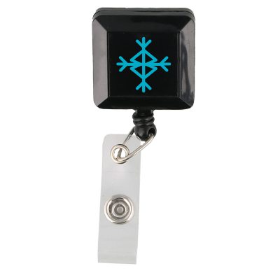 Translucent green plastic square retractable badge holder with custom imprint.