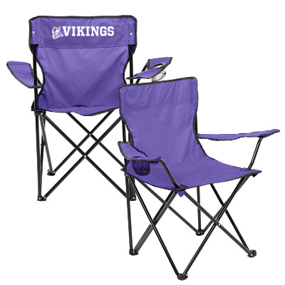 Purple polyester chair with a branded logo.