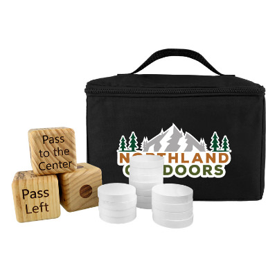 Black polyester outdoor game with a personalized logo.