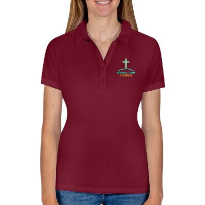 Custom embroidered imprint on ladies' maroon polo.