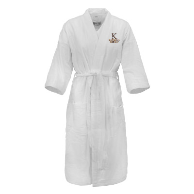 White turkish cotton robe with custom embroidered imprint.
