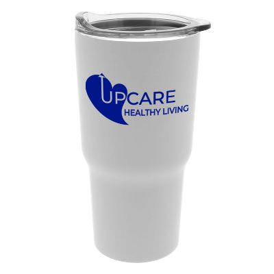 White tumbler with custom imprint.