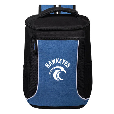 Blue polyester cooler with a customized logo.