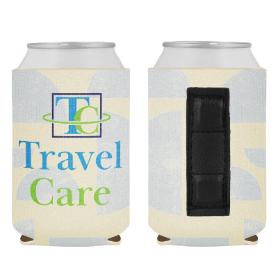 Boho abstract can cooler with custom full color imprint.
