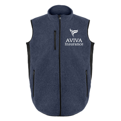 Blue fleece vest with custom logo.