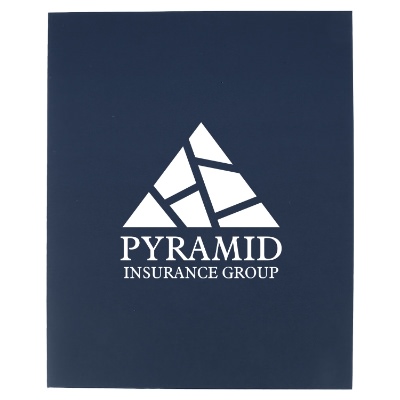 Dark blue paper folder with a customized imprint.