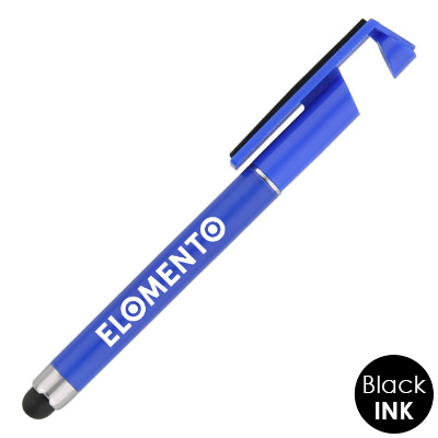 Plastic red stylus pen with screen cleaner and stand with logo.