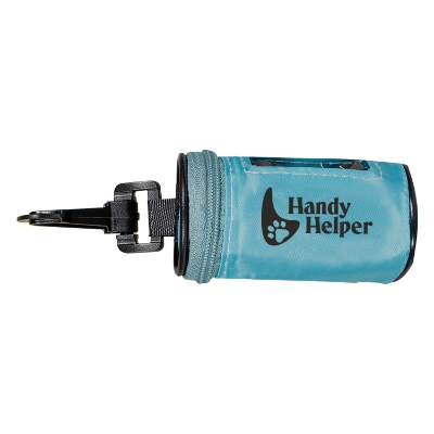 Blue zippered pet bag dispenser with custom promotional logo.