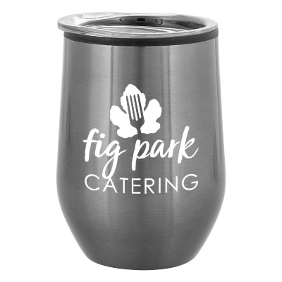Gray wine glass with custom logo.