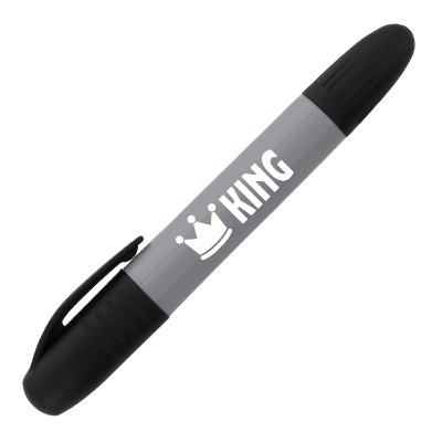 Black plastic marker with a personalized logo.