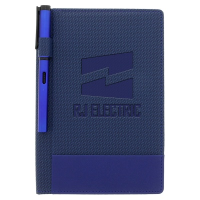 Blue textured journal with pen with custom debossed logo.