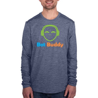 Blue indigo heather long sleece t-shirt with full color logo.