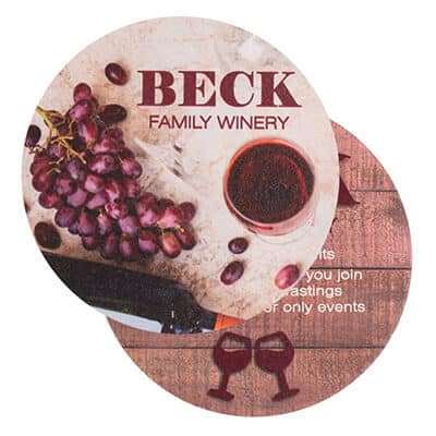 High quantity pulpboard round logoed coaster.