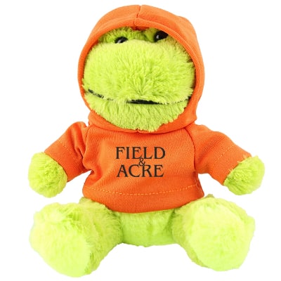 Plush and cotton frog with orange hoodie with branded imprint.