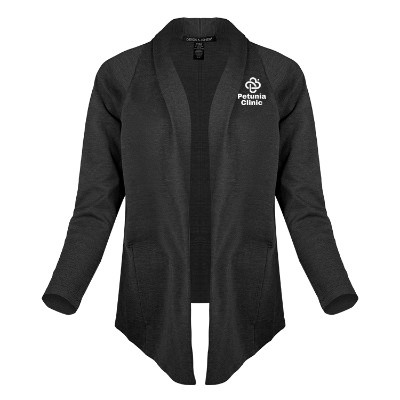 Dark gray cardigan with custom logo.