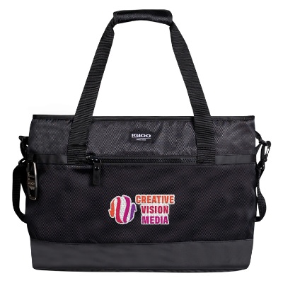 Black cooler with embroidered logo.