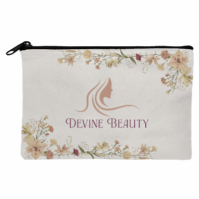 White with black zipper pouch with a branded logo.
