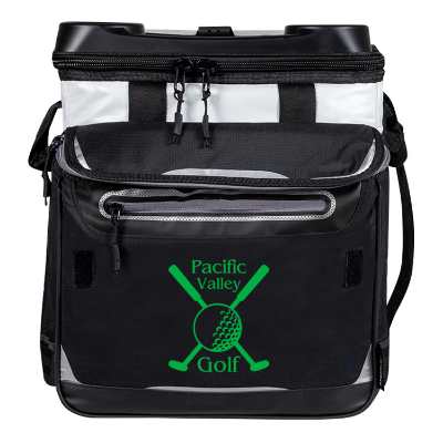 White rolling cooler with custom logo.