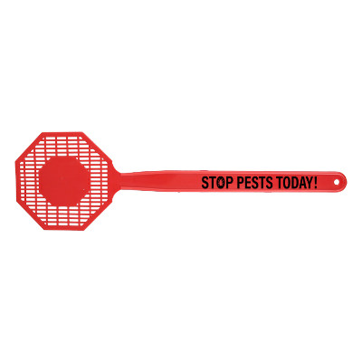 Red polyethylene fly swatter with a customized logo.