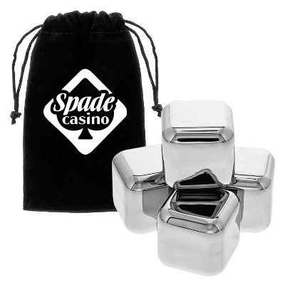 Stainless ice cube with custom logo.