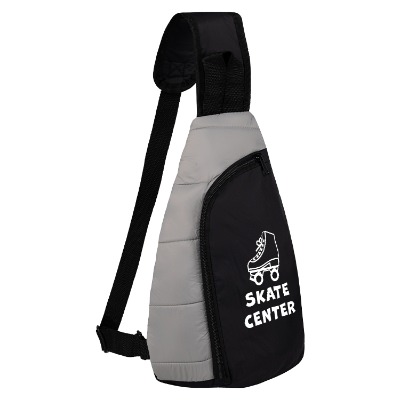 Gray sling bag with black accents and personalized logo.