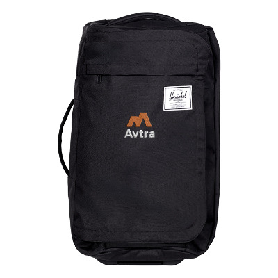 Black wheeled duffel with custom embroidered imprint.