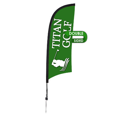 9-ft. double-sided stand-up flag with custom logo.