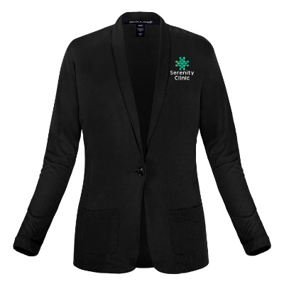 Black cardigan with full color custom logo.
