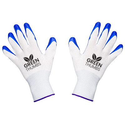 Blue rubber custom gardening gloves.