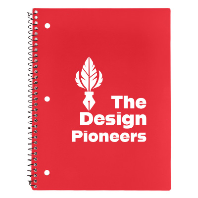 Red spiral notebook with custom logo.