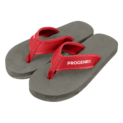 Gray flip flops with red strap and custom logo.