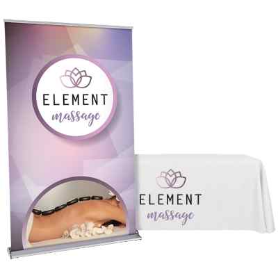 Custom polyester table cover, 48"W x 83"H inch custom banner stand banner stand package.