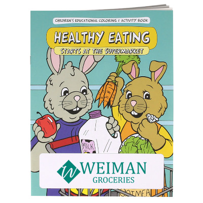 Multicolored paper coloring book with a custom imprint.
