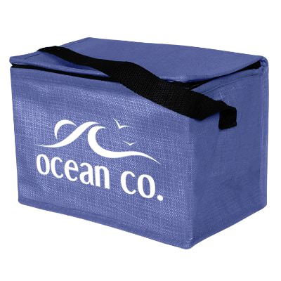 Navy polypropylene crosshatch lunch bag with custom imprint.