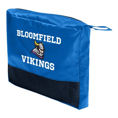 Charcoal gray polyester blanket in a mesh zipper bag with full color logo.
